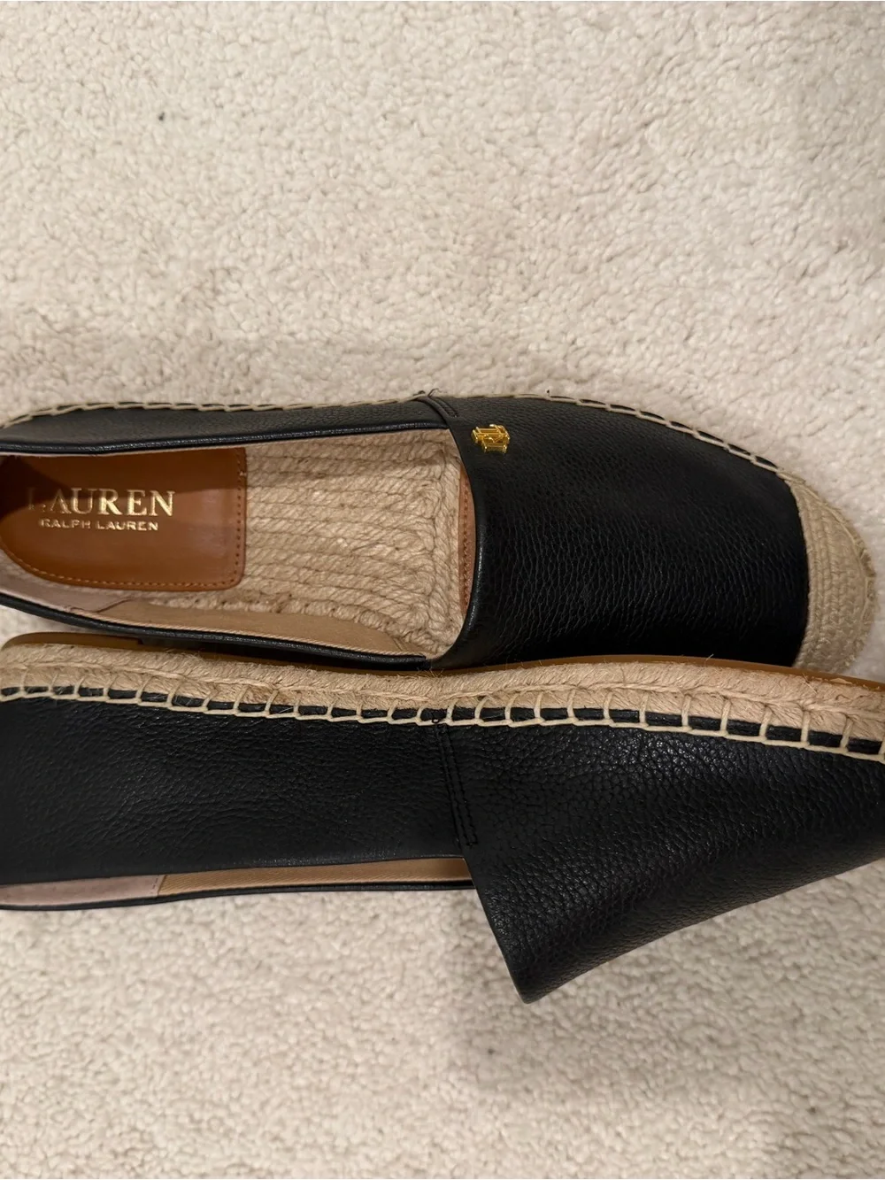 Ralph Lauren Black Leather Espadrille Slip-Ons with Gold Logo
